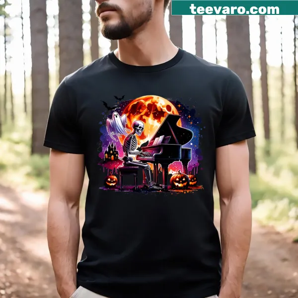 Cartoon T-shirt featuring a skeleton playing piano with a ghost