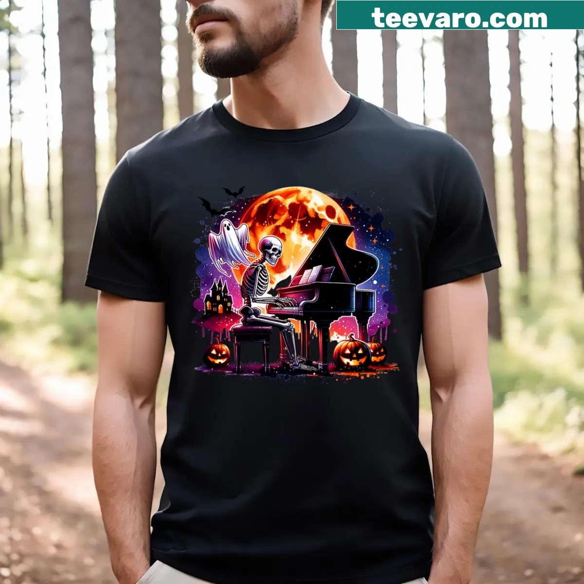 Cartoon T-shirt featuring a skeleton playing piano with a ghost — on a men's t-shirt