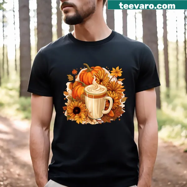 Illustration of spiced latte and fall flowers on T-shirt