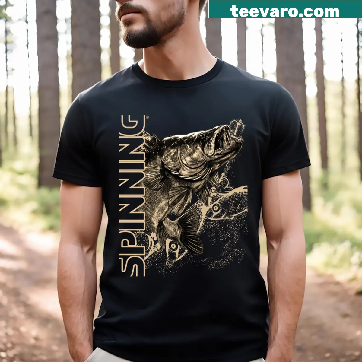 Humorous fishing illustration T-shirt featuring spinning gear. — on a men's t-shirt