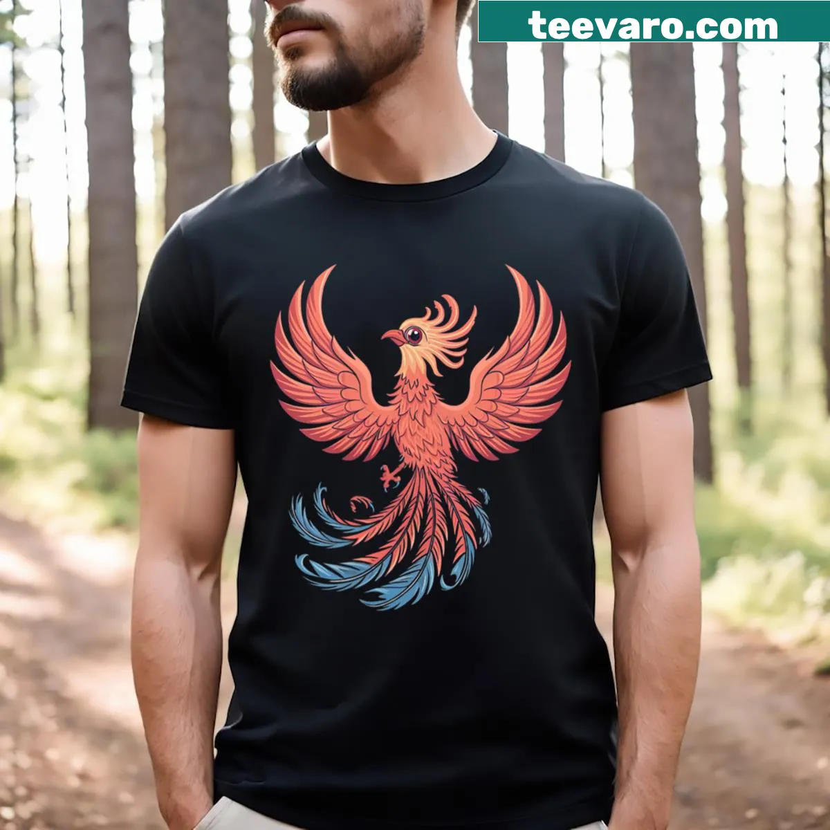 Colorful phoenix design with spiritual symbols on a T-shirt. — on a men's t-shirt