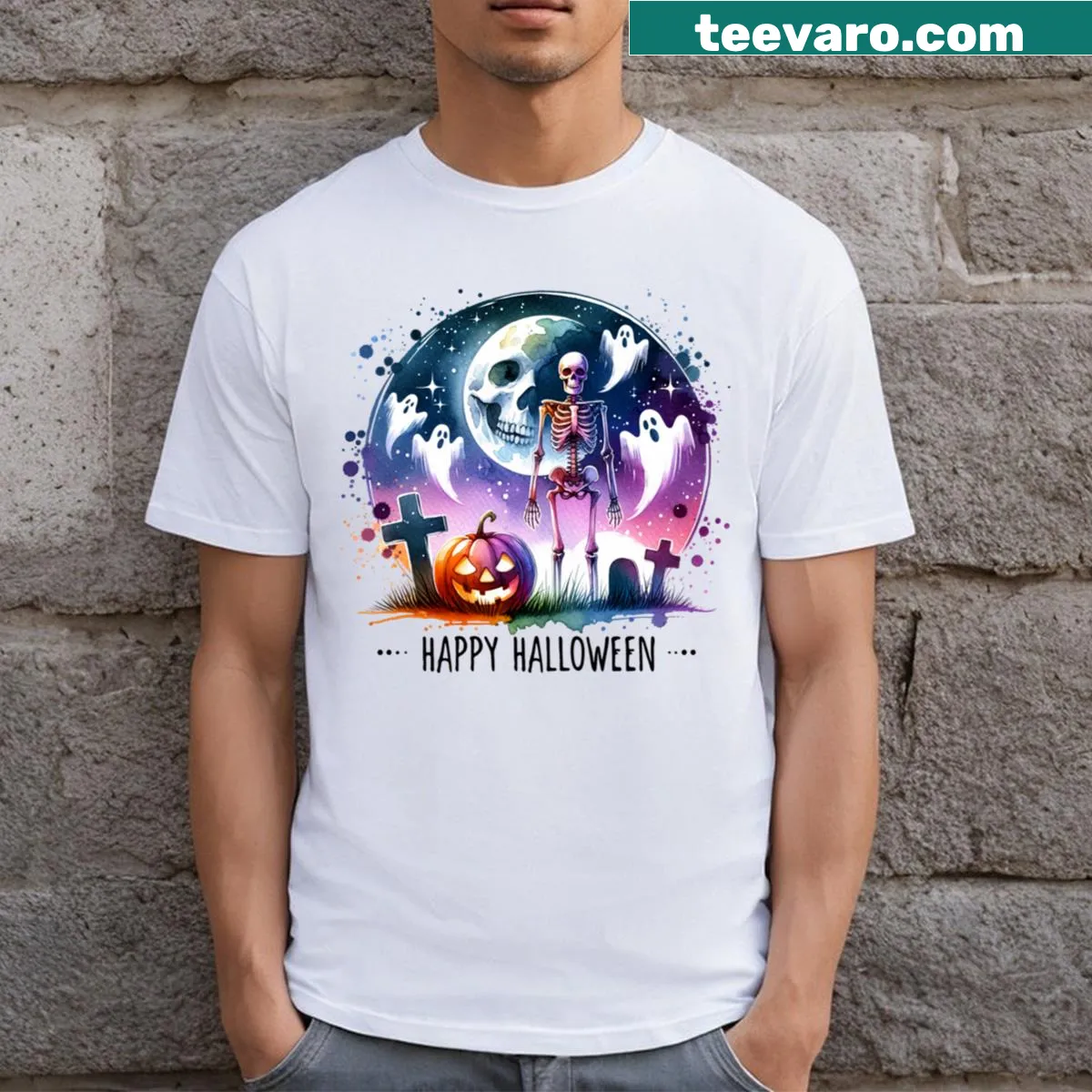 Halloween-themed T-shirt with a spooky cemetery illustration featuring ghosts and bats — on a men's t-shirt