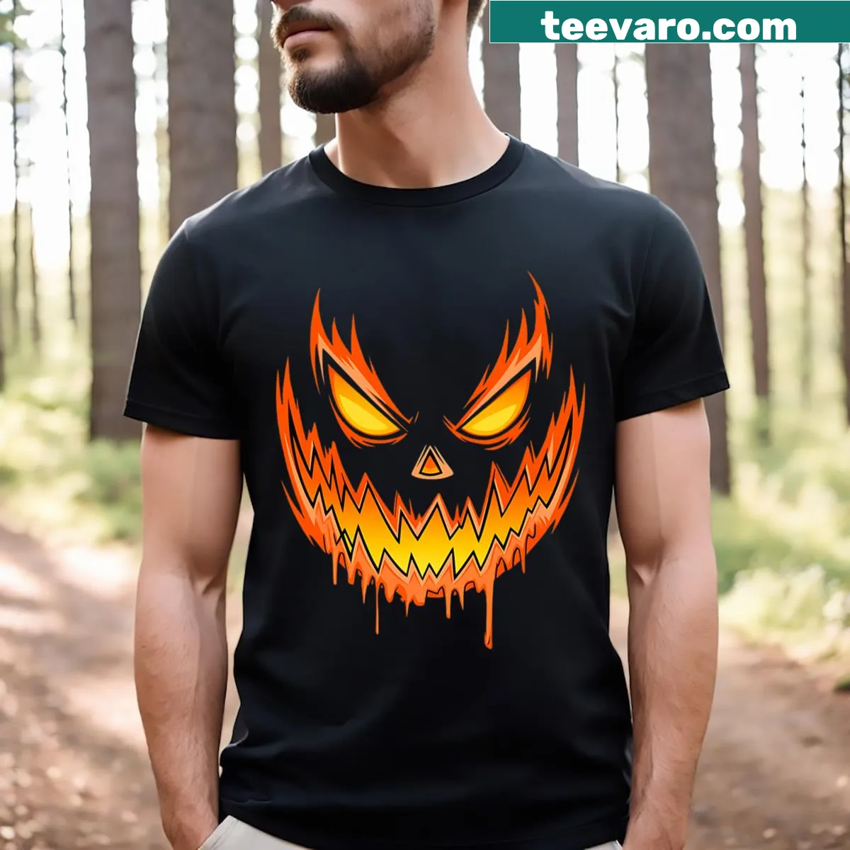 T-shirt with a playful jack-o-lantern pumpkin face for Halloween — on a men's t-shirt