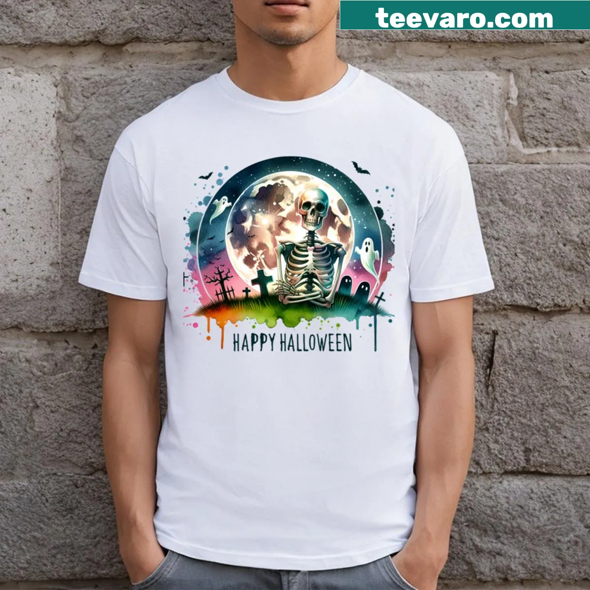 Whimsical Halloween T-shirt with a skeleton and ghosts illustration — on a men's t-shirt