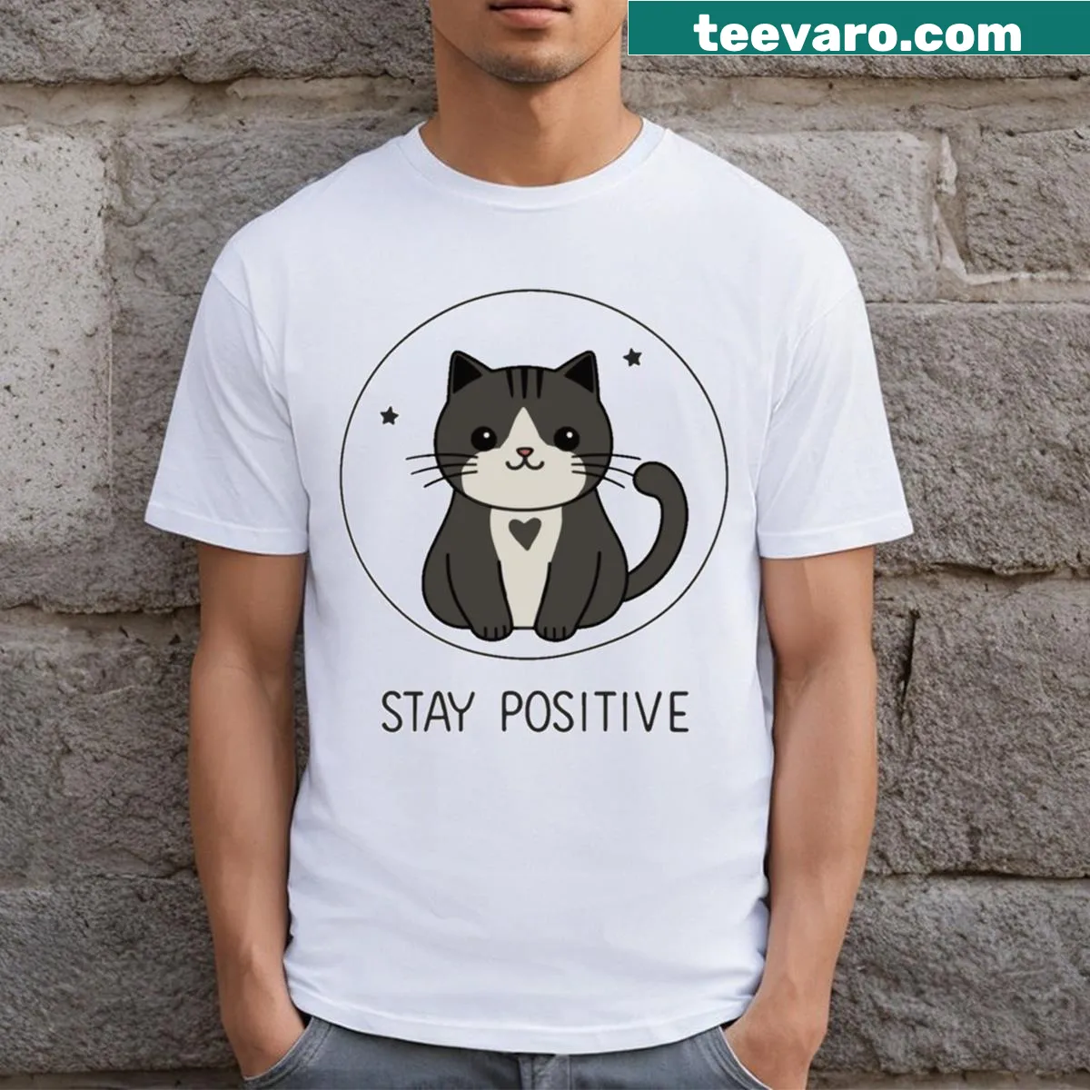 Cute tuxedo cat t-shirt with uplifting message — on a men's t-shirt