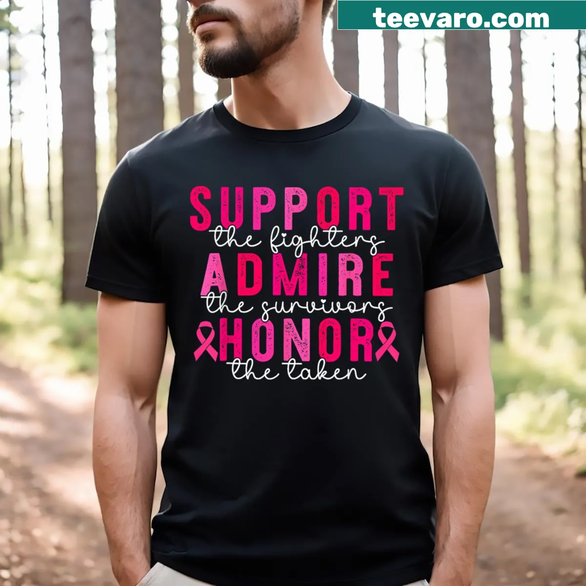 Ribbon graphic t-shirt supporting breast cancer awareness — on a men's t-shirt
