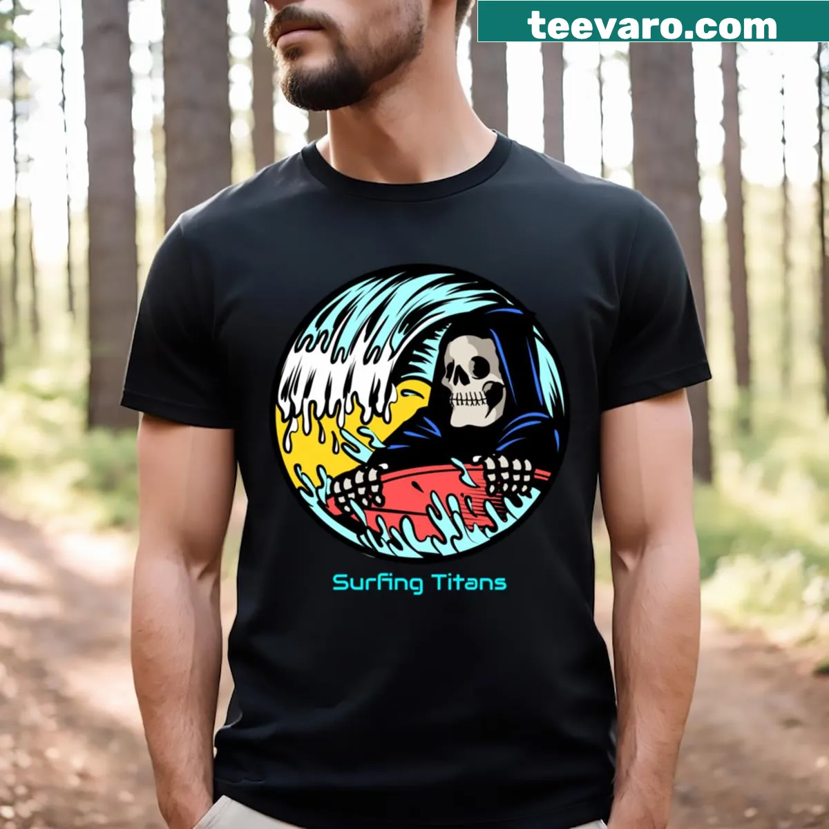 Illustration of titans surfing big waves on a t-shirt — on a men's t-shirt