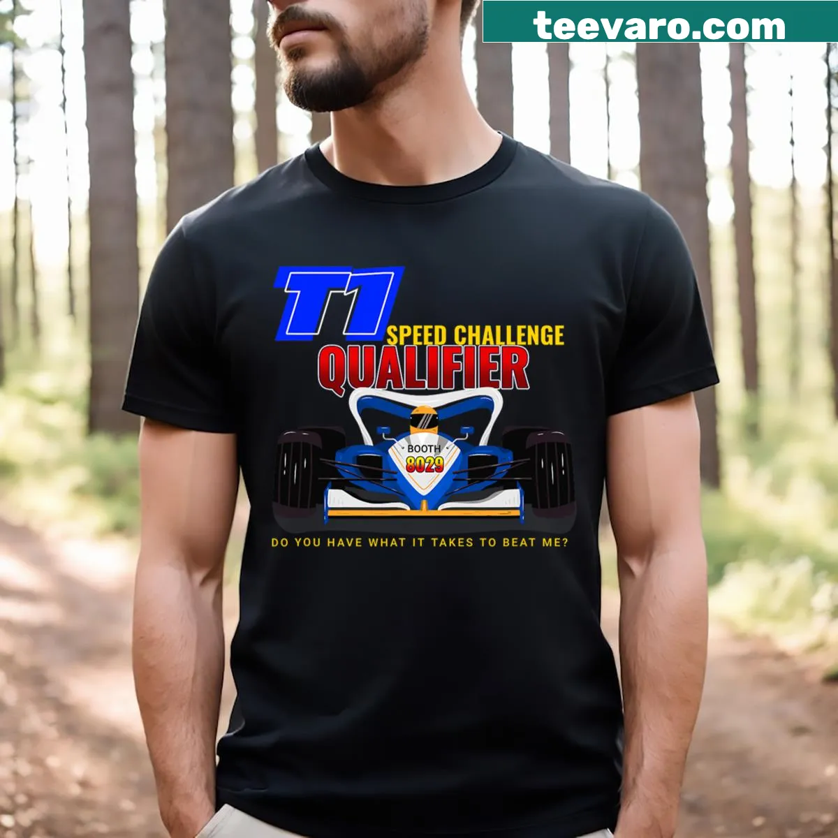 Energetic typography for T1 Speed Challenge Qualifier T-shirt — on a men's t-shirt
