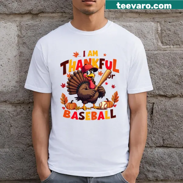 Cute Thanksgiving T-shirt with turkey playing baseball and pumpkin pie