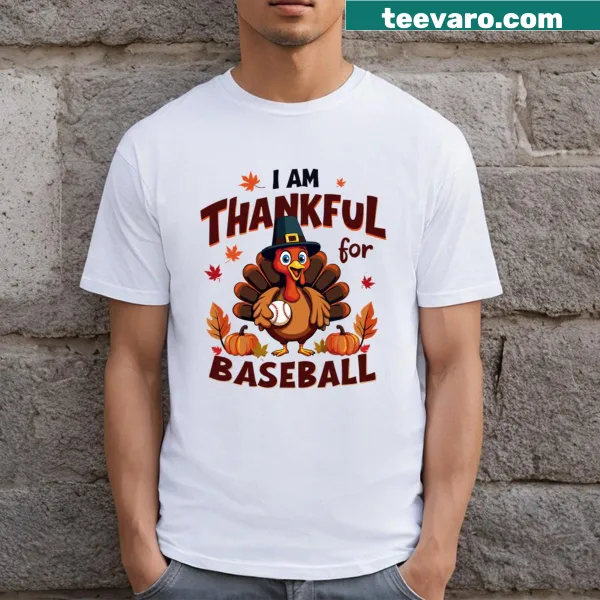 Cute Thanksgiving T-shirt with turkey playing baseball and pumpkin pie