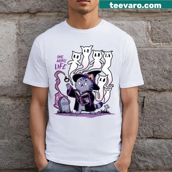 T-shirt featuring a feline sorcerer in an intricate illustration