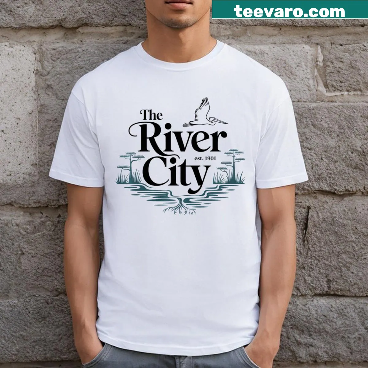 T-shirt with 'Timeless Waters' in elegant typography — on a men's t-shirt