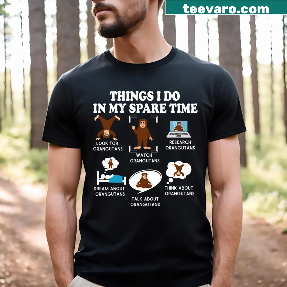 Cartoon orangutans graphic on T-shirt showcasing fun activities — on a men's t-shirt