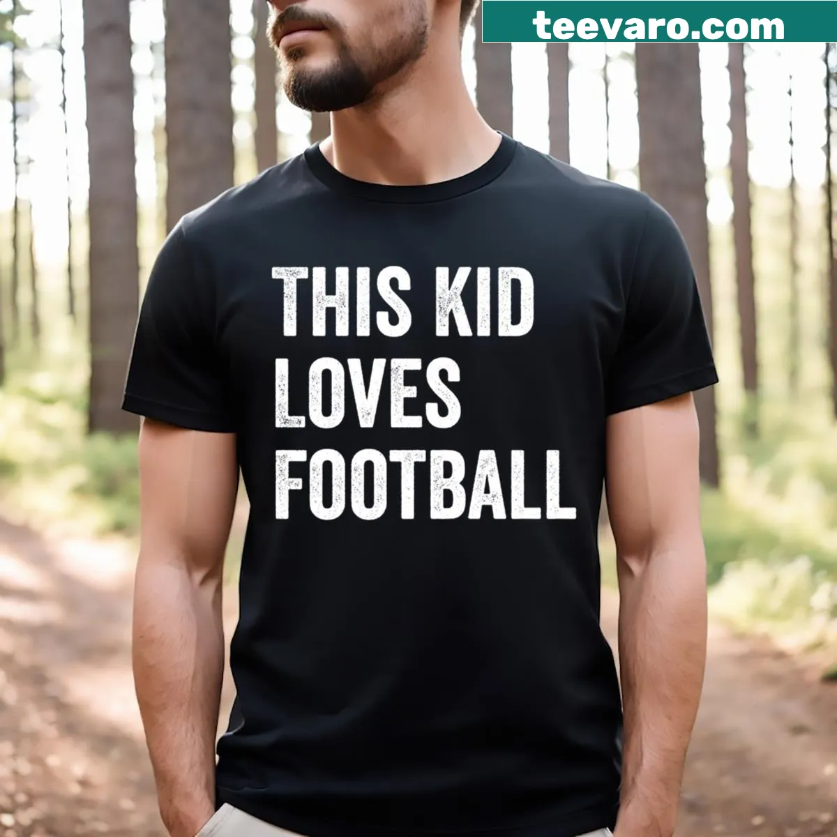 T-shirt that declares 'This Kid Loves Football' in bold typography — on a men's t-shirt