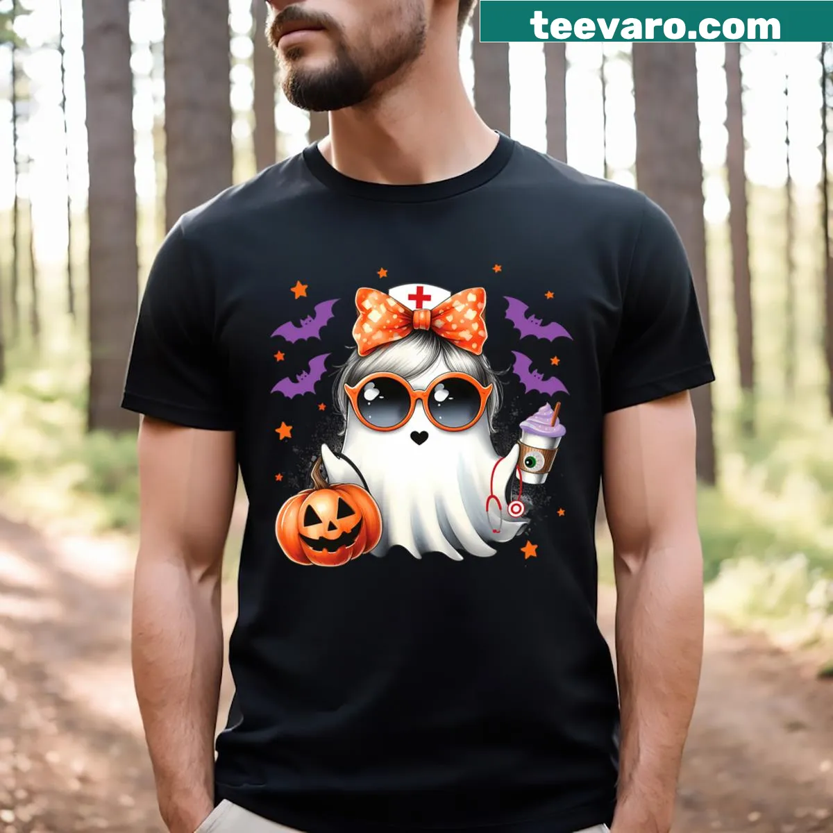 Ghost nurse T-shirt with Halloween theme and coffee graphic — on a men's t-shirt