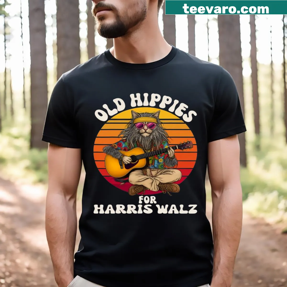 Vintage-style T-shirt featuring cat graphic and political text — on a men's t-shirt