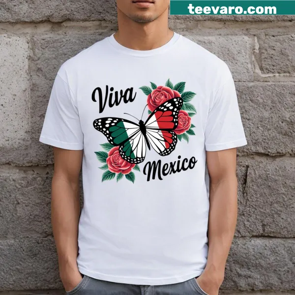Illustrated t-shirt with butterfly, Mexican flag, and roses