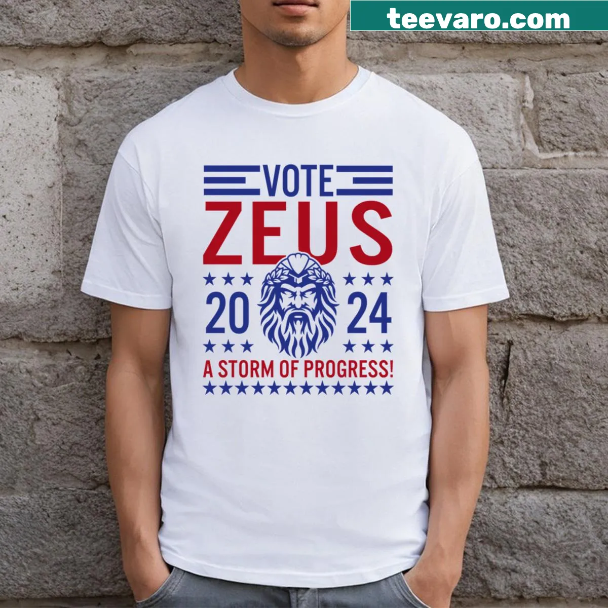 Funny T-shirt advocating for Zeus in the 2024 election with a mythological theme. — on a men's t-shirt