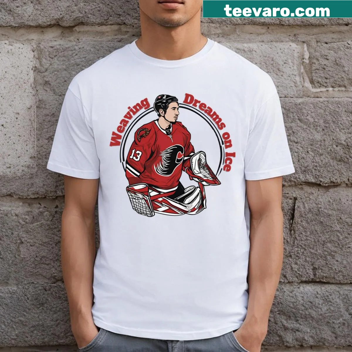 Artistic tribute t-shirt featuring Johnny Gaudreau's ice hockey performance. — on a men's t-shirt