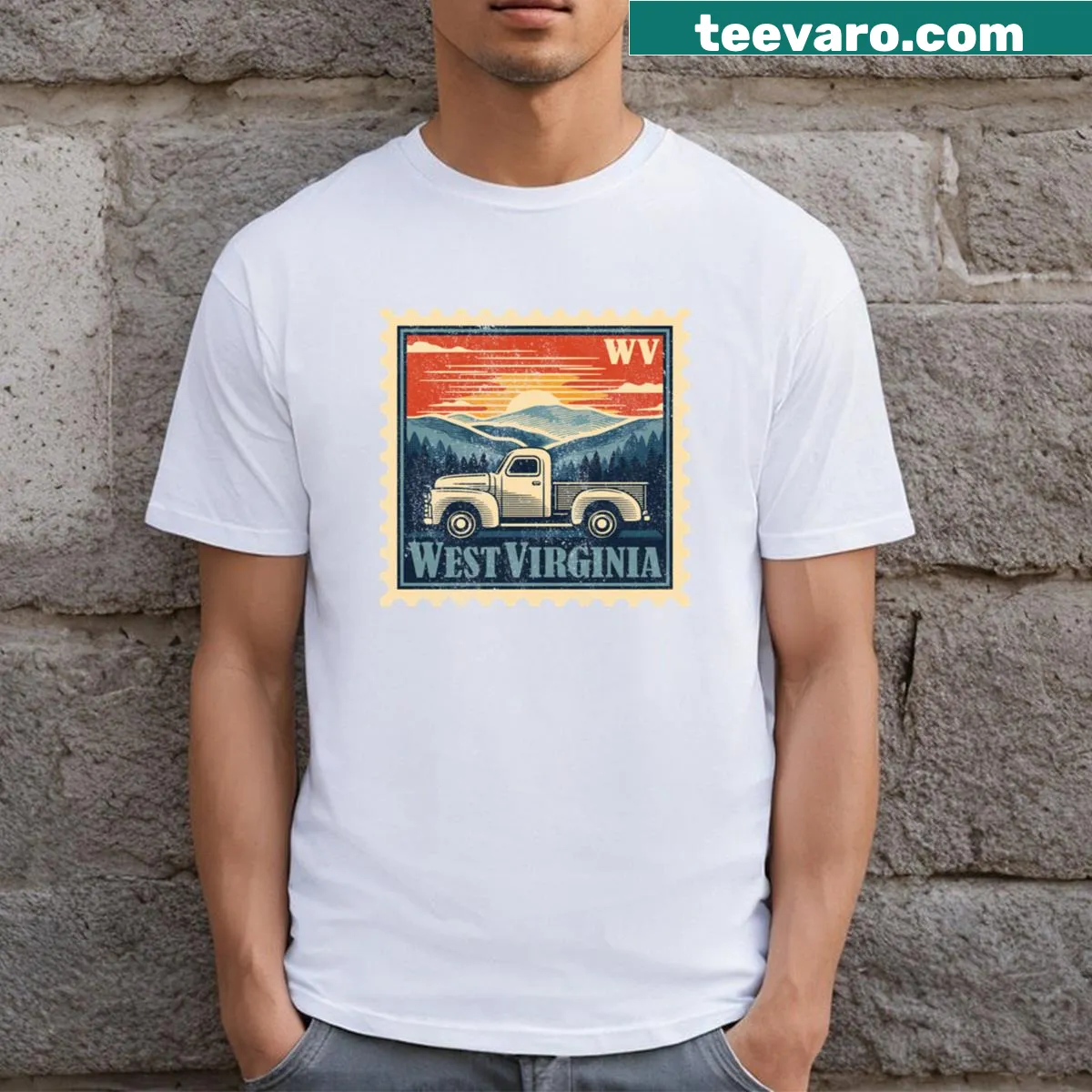 Vintage-stamped t-shirt featuring mountains and a pickup truck design. — on a men's t-shirt