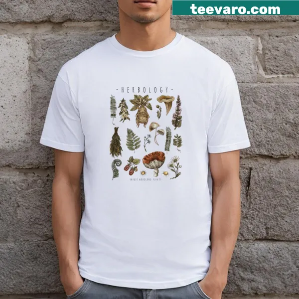 Botanical illustration T-shirt capturing a whimsical plant wonderland.