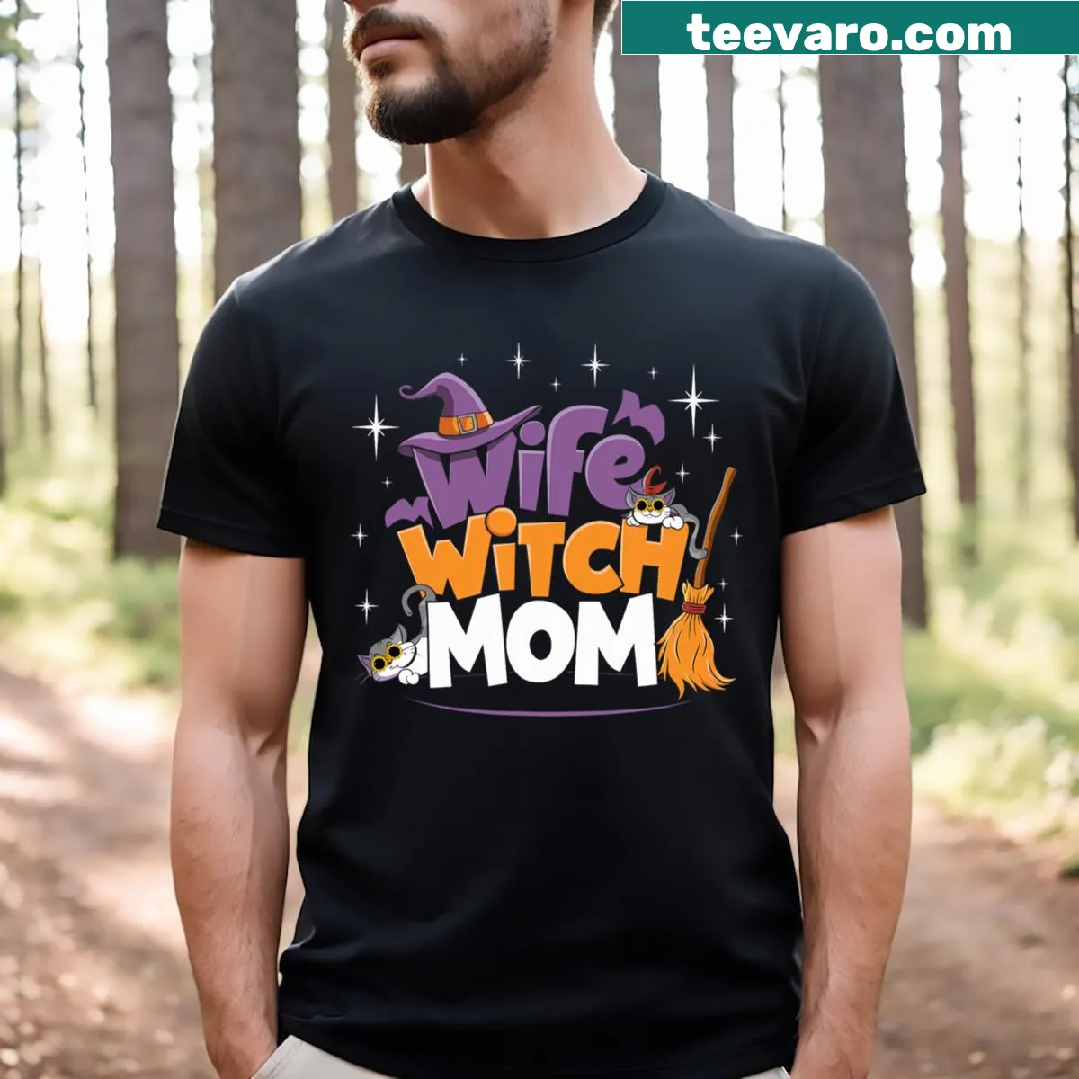Cute Halloween t-shirt featuring 'Wife Witch Mom' design. — on a men's t-shirt