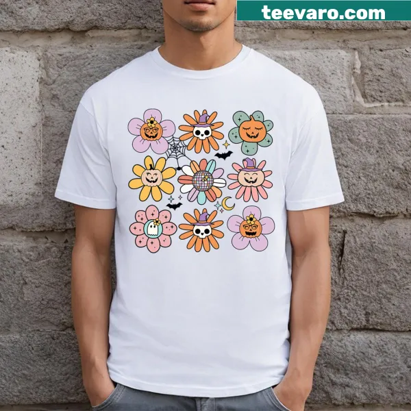 Playful Halloween t-shirt featuring a winking pumpkin and ghost witch.