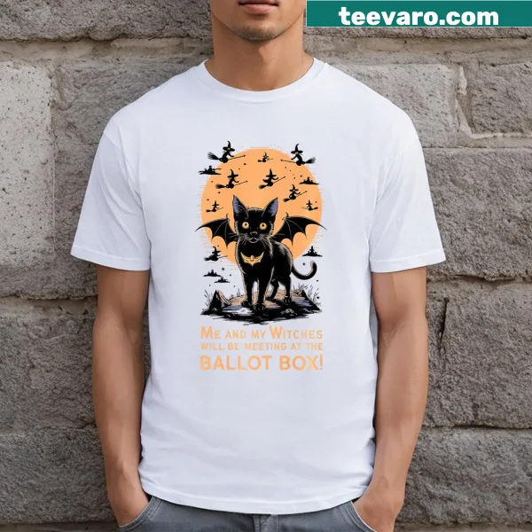 Illustrated Halloween t-shirt with witches supporting Kamala Harris