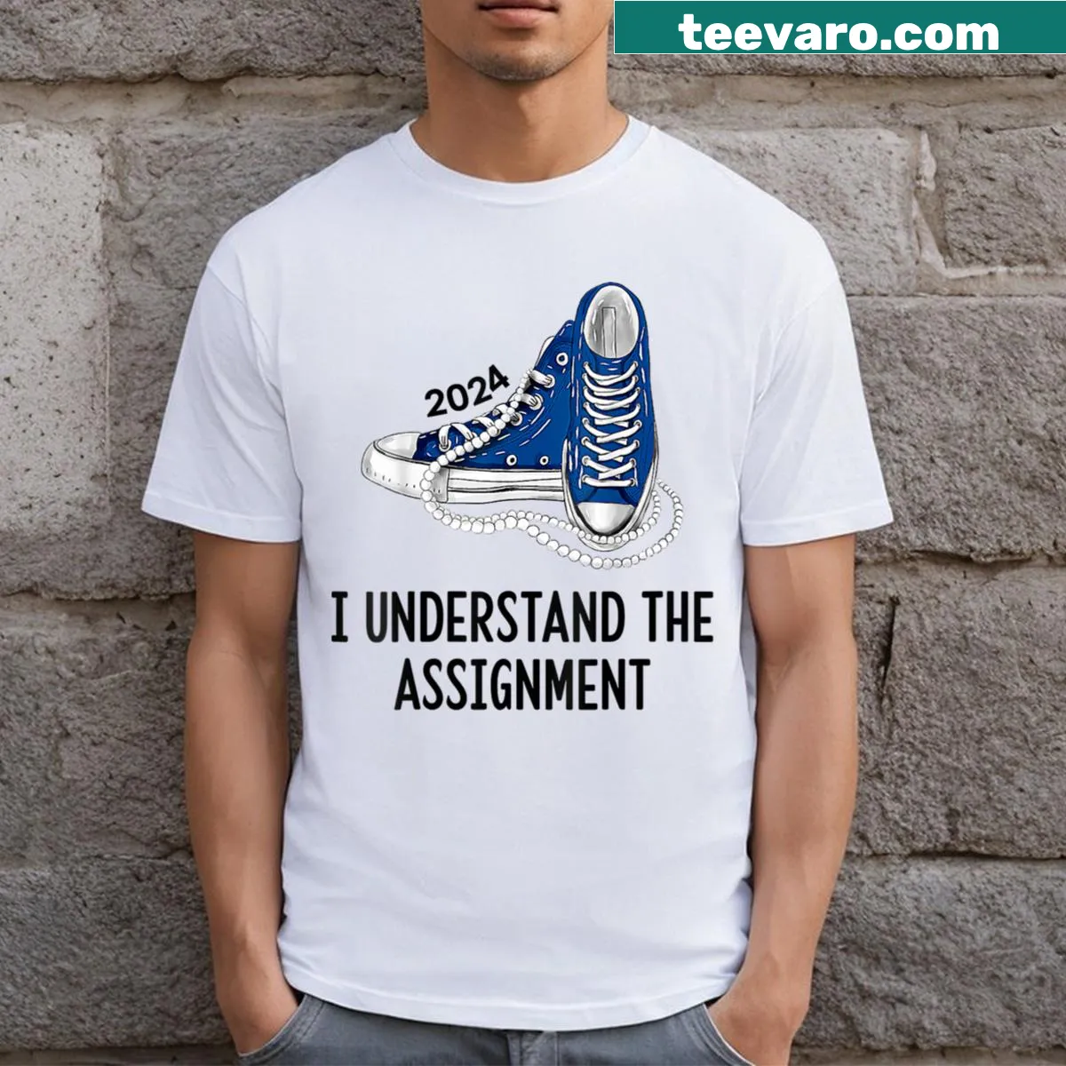 V-neck T-shirt supporting Harris Walz 2024 with a motivational phrase. — on a men's t-shirt