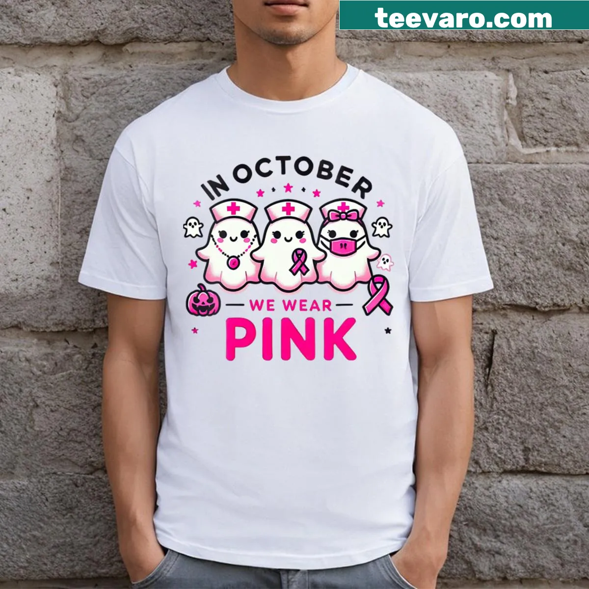 V-neck t-shirt with ghost graphic and text promoting breast cancer awareness — on a men's t-shirt