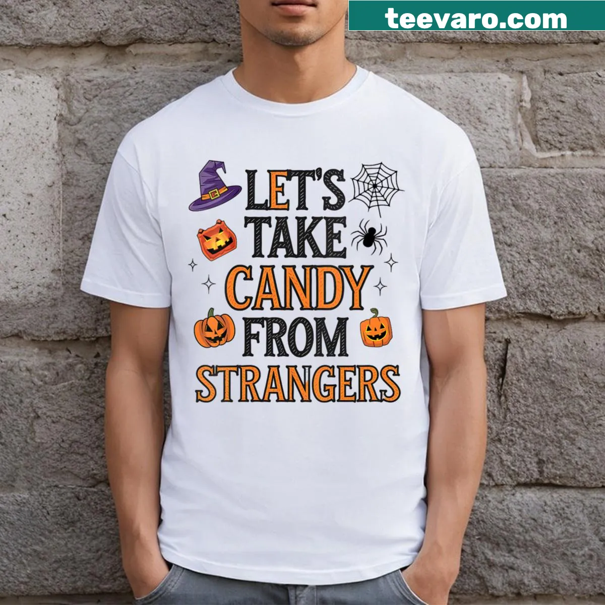 Halloween T-shirt with text 'Lets Take Candy From Strangers' — on a men's t-shirt