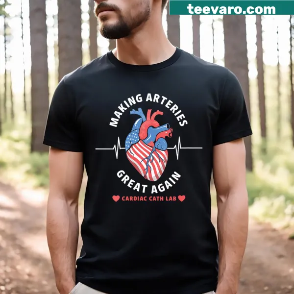 Funny V-neck t-shirt for cardiac cath lab workers with humorous text