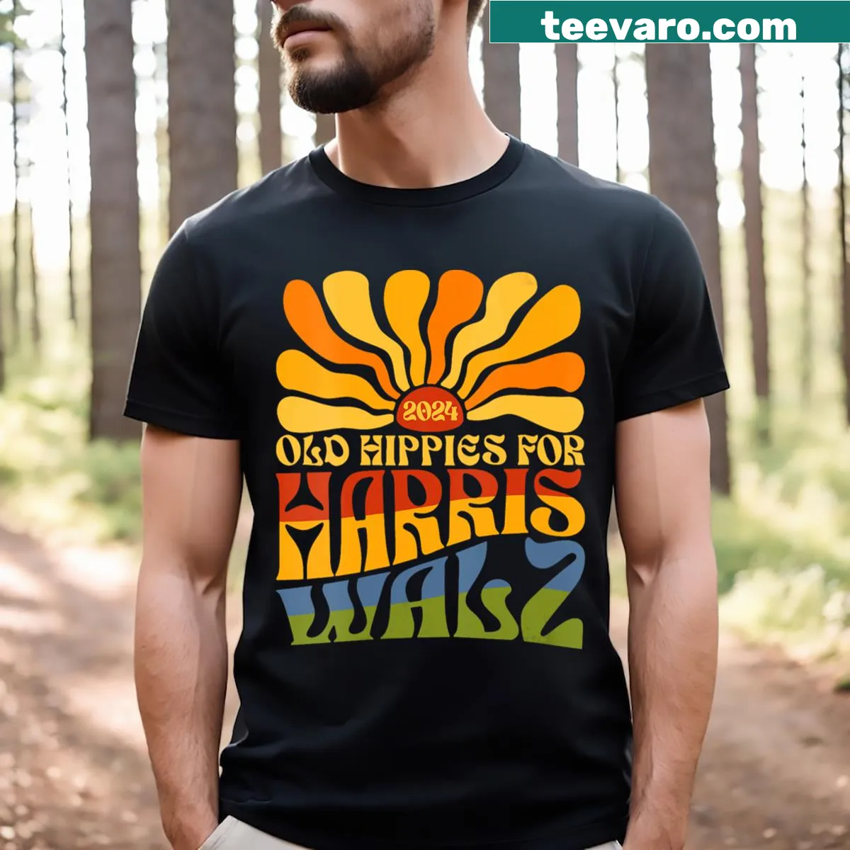Vintage-styled V-neck shirt supporting Kamala Harris — on a men's t-shirt