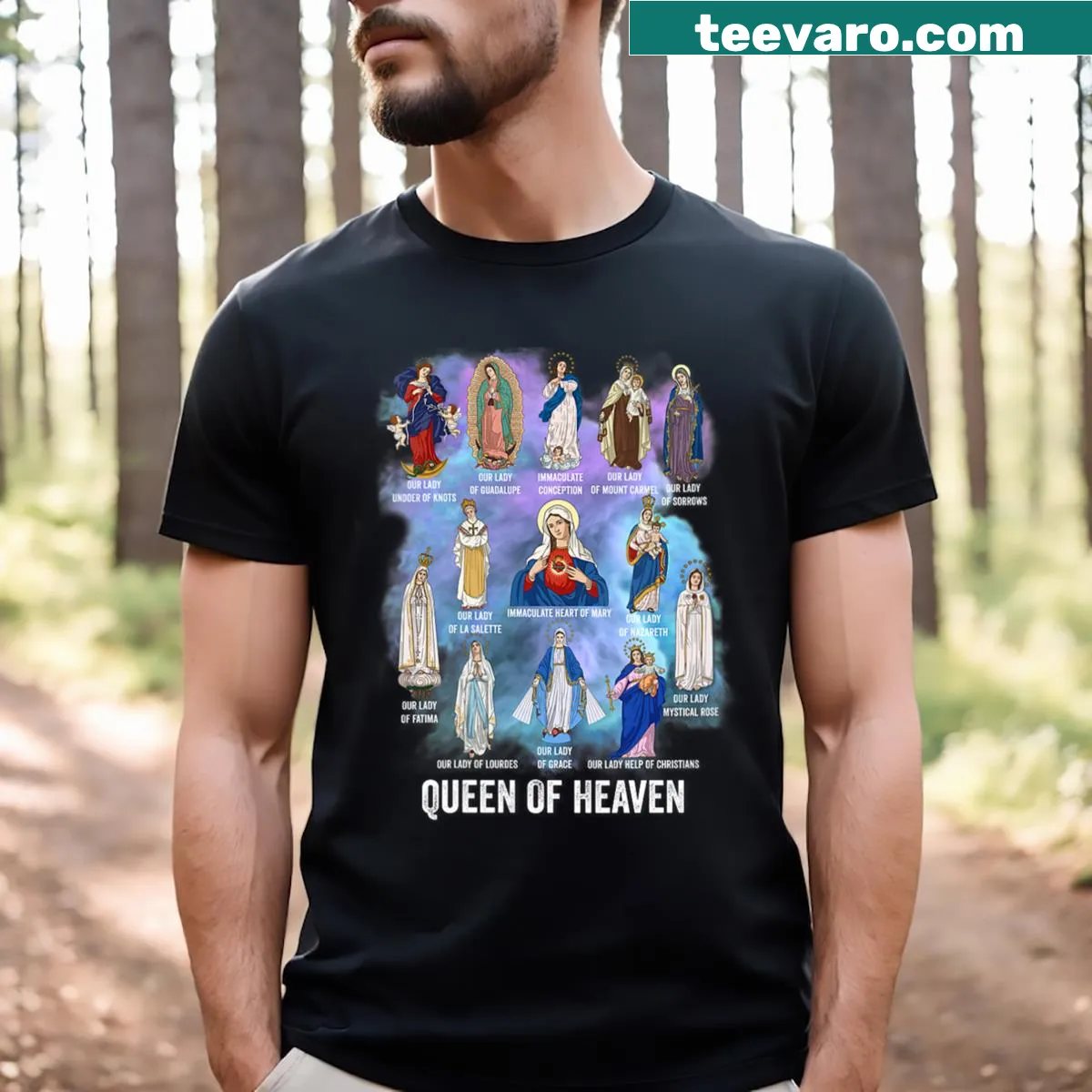 V-neck t-shirt featuring Latin titles of Our Lady for Catholic women — on a men's t-shirt