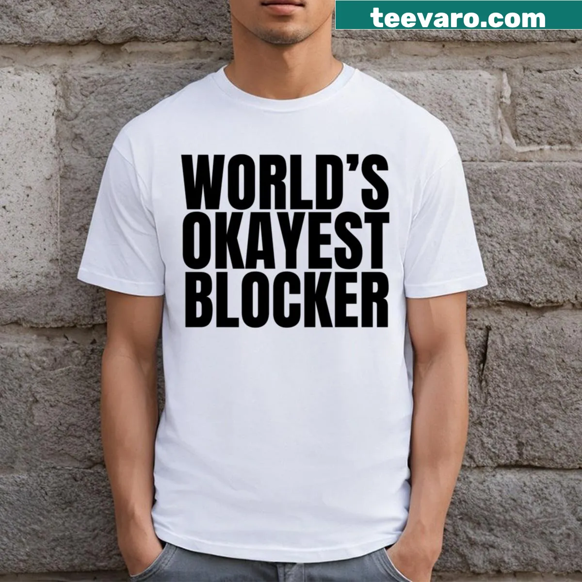 Black T-shirt with 'Worlds Okayest Blocker' graphic — on a men's t-shirt