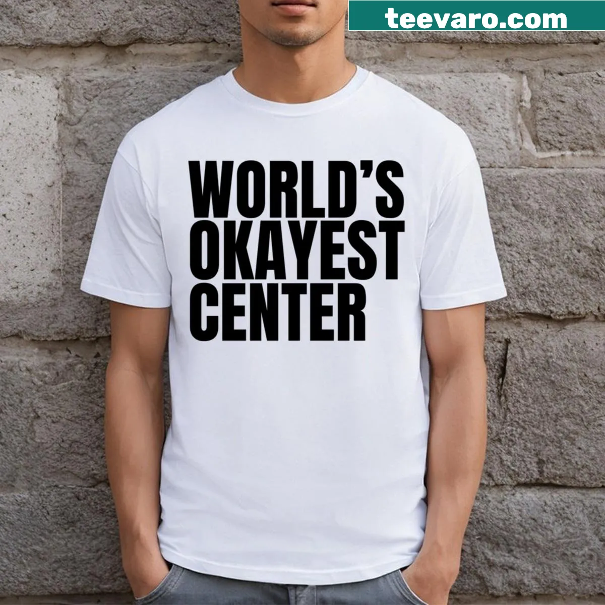 Black T-shirt with 'Worlds Okayest Center' graphic — on a men's t-shirt