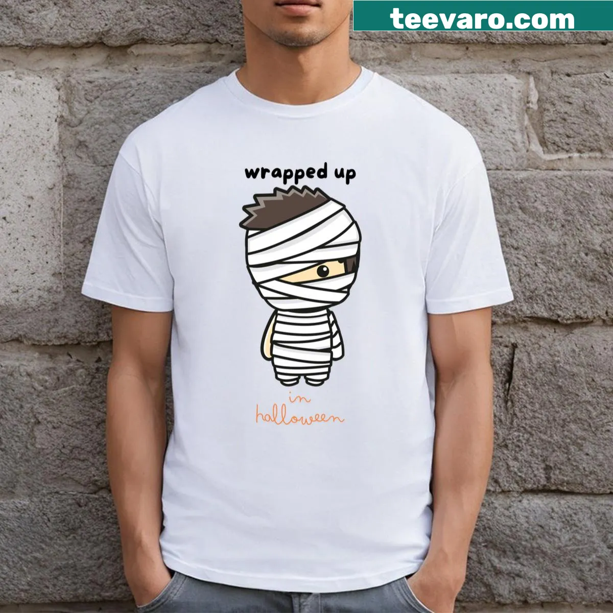 Cute mummy Halloween-themed T-shirt — on a men's t-shirt
