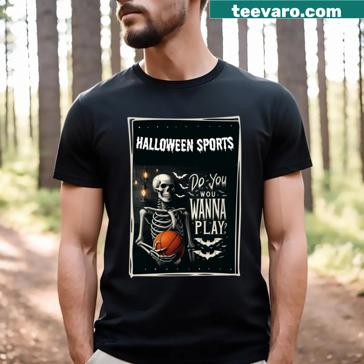 Skeleton playing basketball Halloween T-shirt — on a men's t-shirt