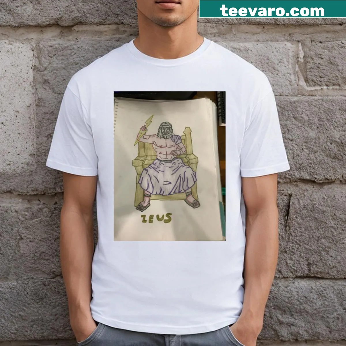 Graphic of Zeus with thunderbolts on a bold t-shirt — on a men's t-shirt