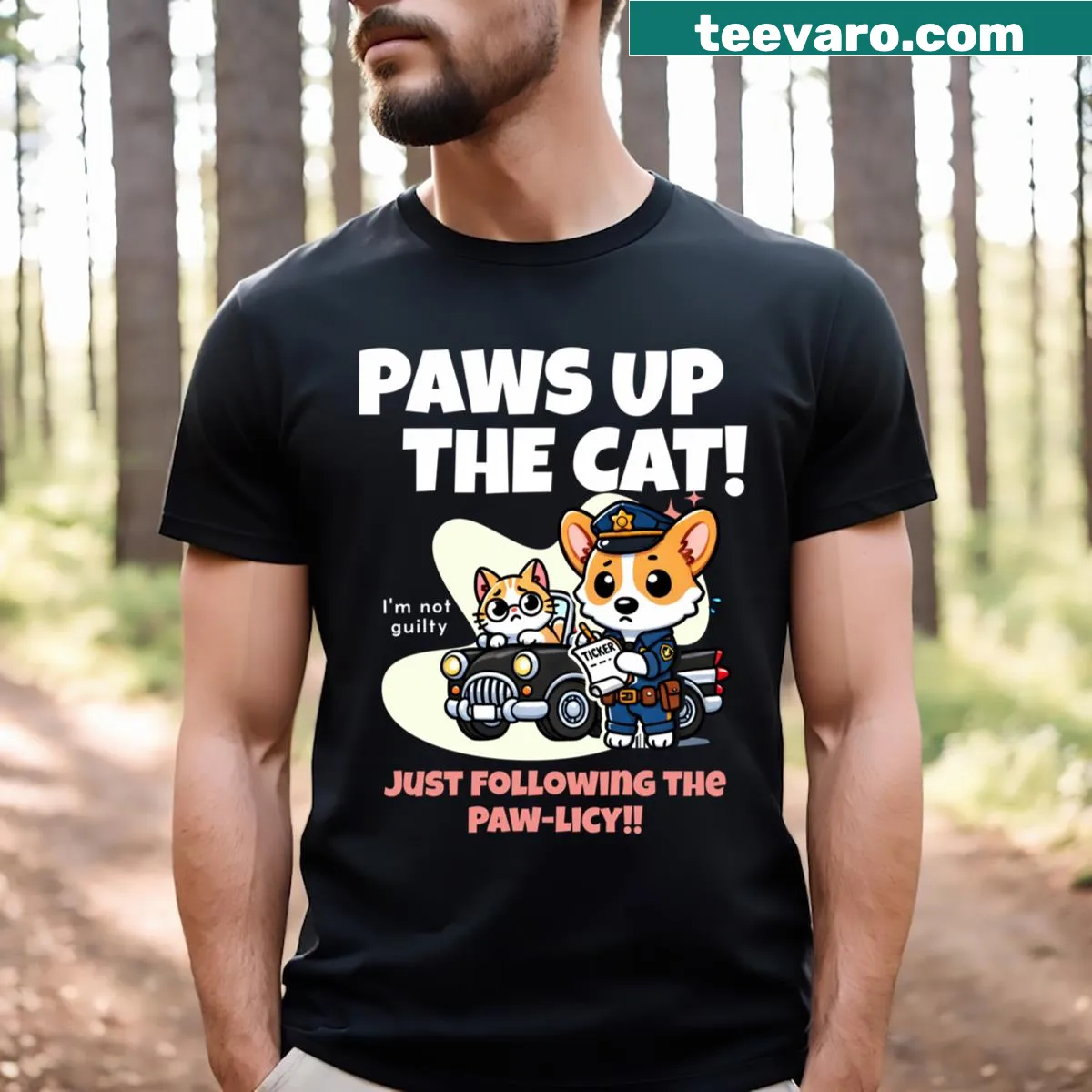 Illustration of a Corgi police dog chasing a cat driving — on a men's t-shirt
