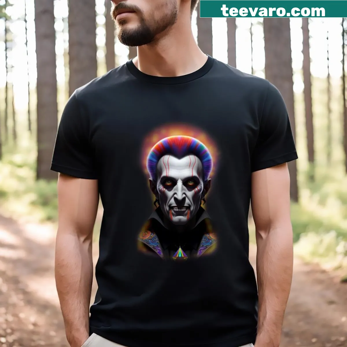 Graphic vampire t-shirt with fangs and an intense gaze — on a men's t-shirt