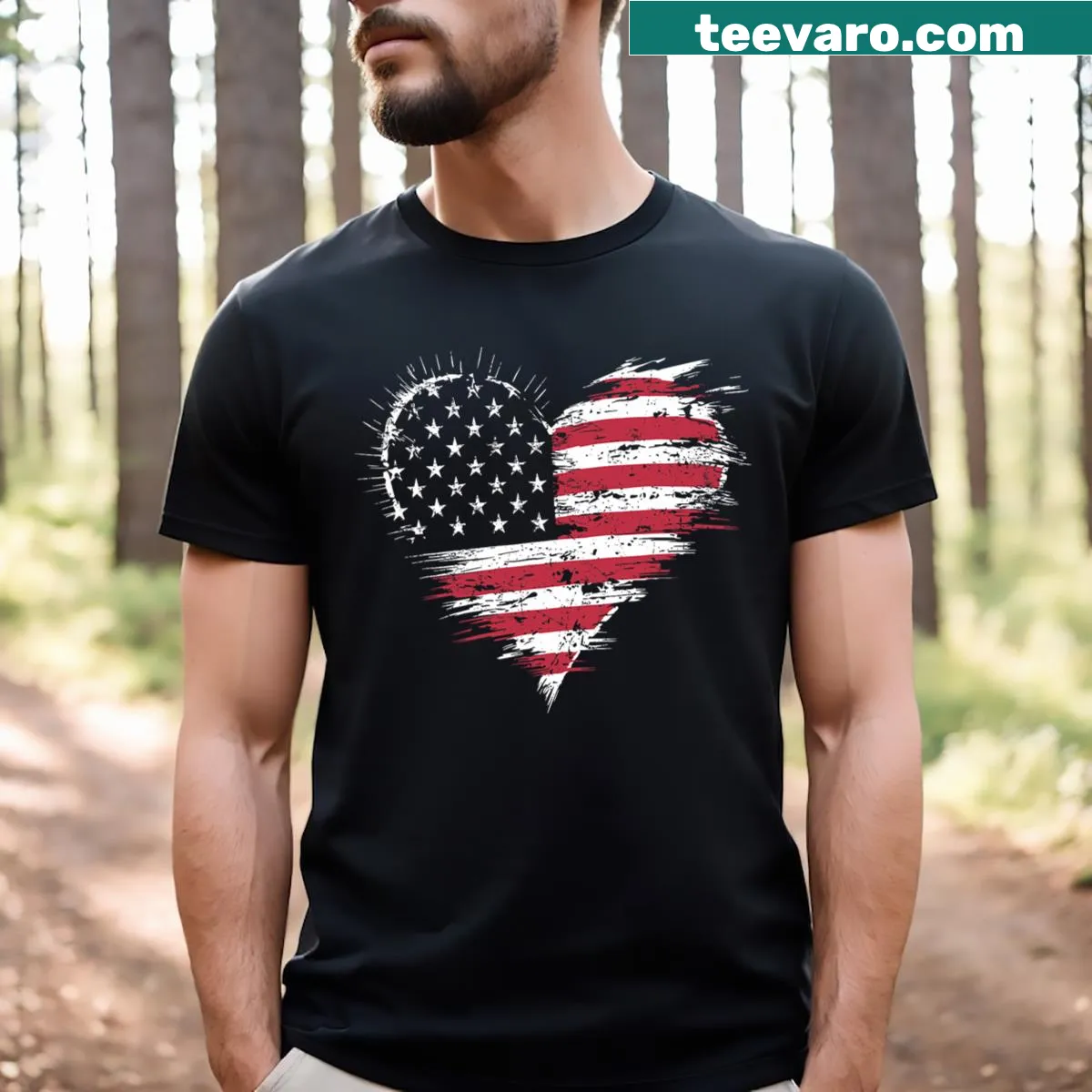 American flag heart T-shirt for 4th of July celebrations — on a men's t-shirt