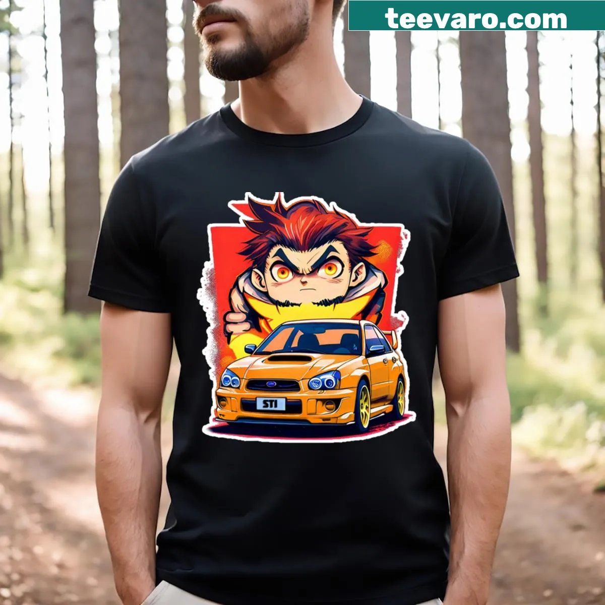 Retro anime-inspired t-shirt featuring a Subaru STi design — on a men's t-shirt