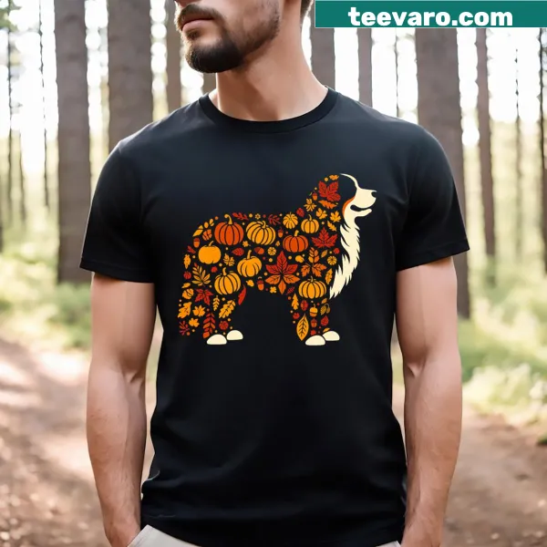 Illustration of a Bernese Mountain Dog and pumpkins on a Thanksgiving T-shirt