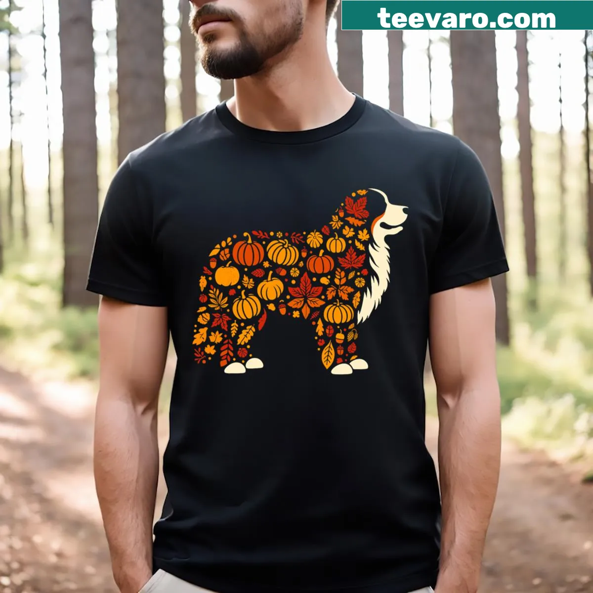 Illustration of a Bernese Mountain Dog and pumpkins on a Thanksgiving T-shirt — on a men's t-shirt