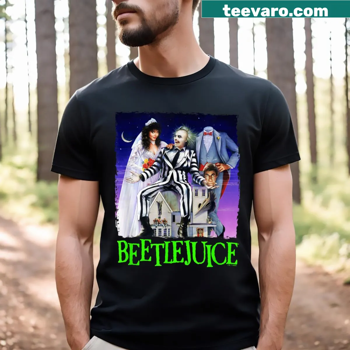 Vintage-style Beetlejuice title on a t-shirt — on a men's t-shirt