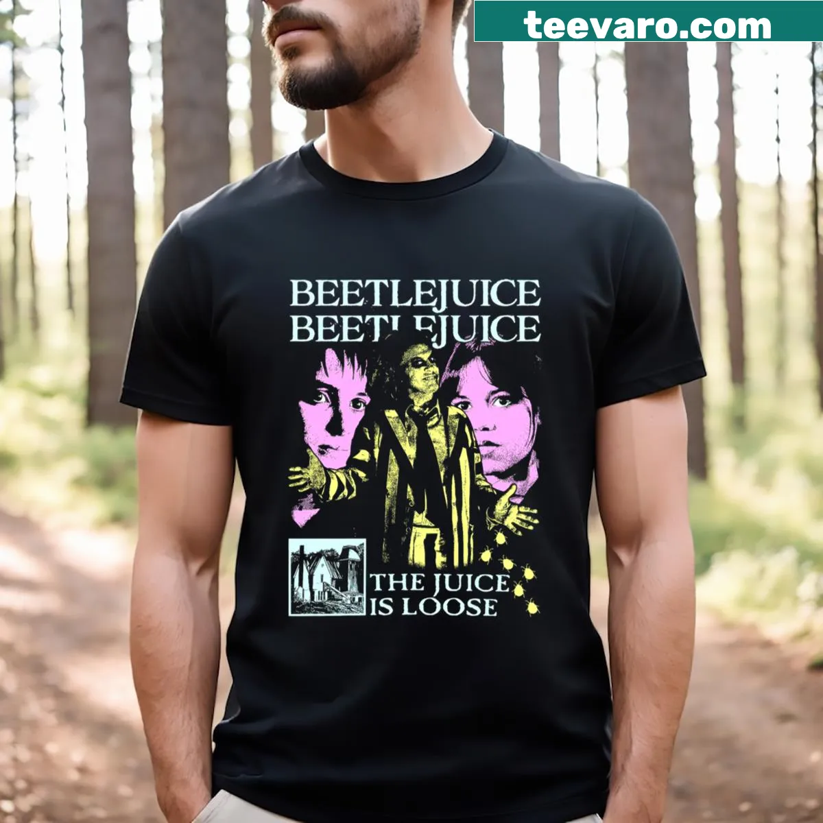 T-shirt with the phrase 'The Juice Is Loose' inspired by Beetlejuice — on a men's t-shirt
