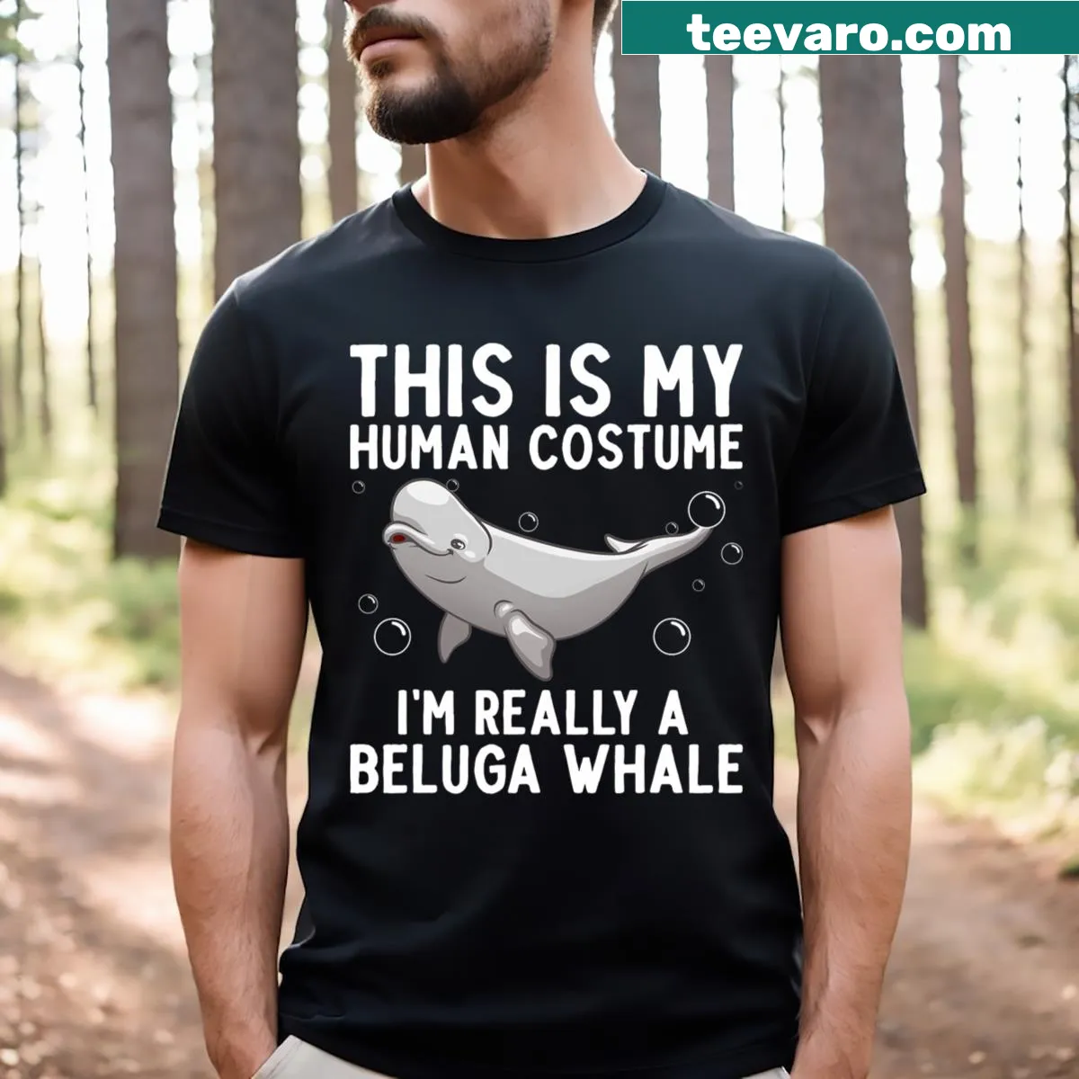 Illustrated beluga whale graphic T-shirt — on a men's t-shirt