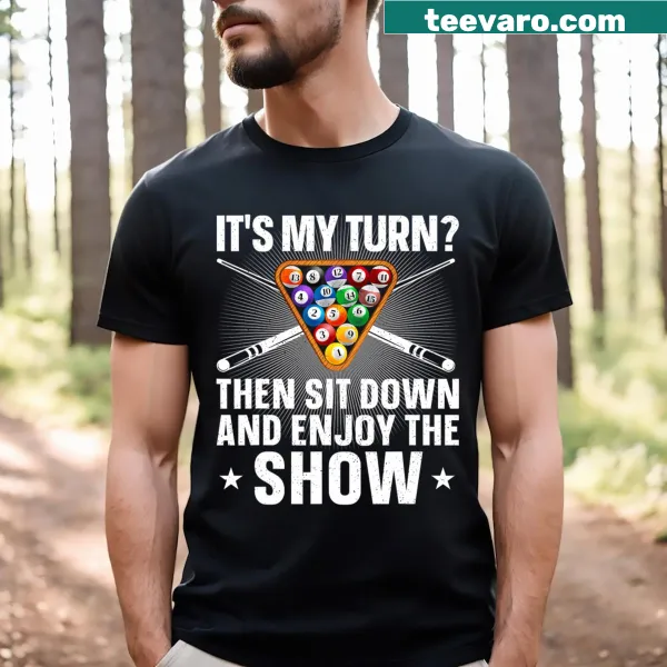 Bold billiards-themed T-shirt featuring a cue ball and cues