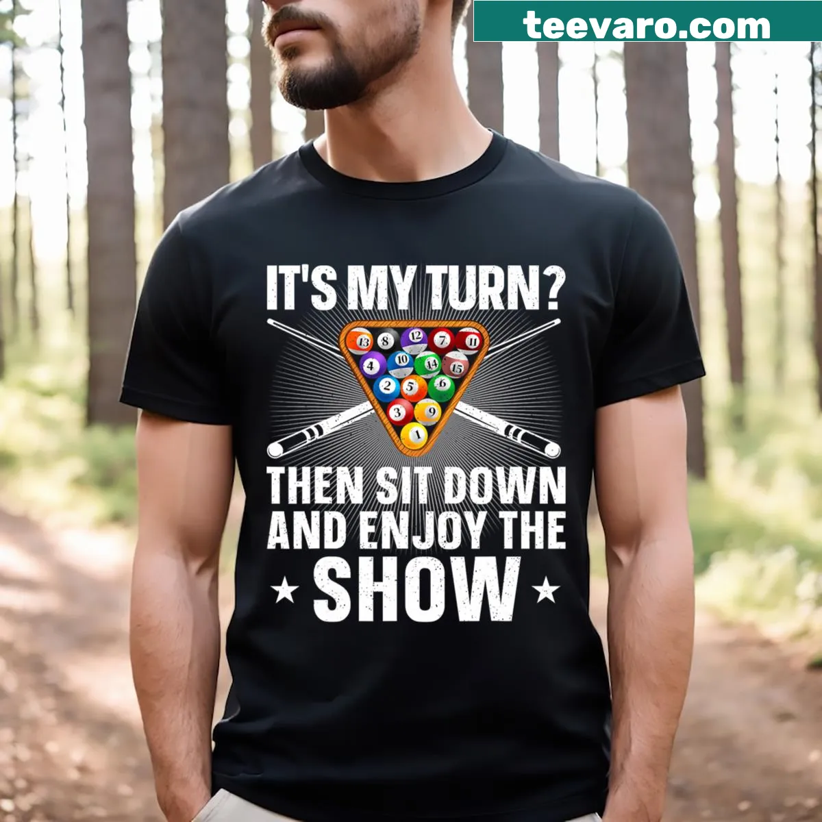 Bold billiards-themed T-shirt featuring a cue ball and cues — on a men's t-shirt